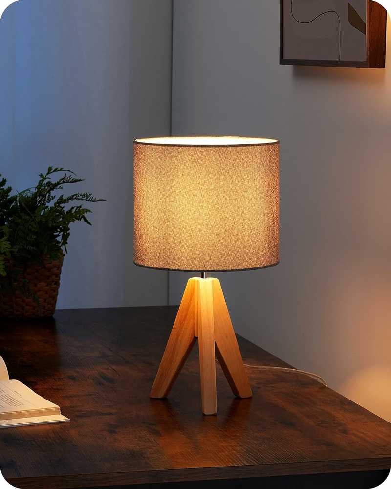EDISHINE stalinė lempa, vintage stilius, LED, medinis trikojis, lino gaubtas, E27, 36 cm