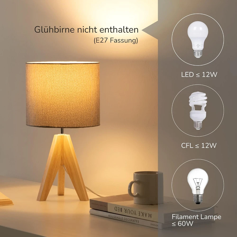 EDISHINE stalinės lempos E27, medinis pagrindas, lininis gaubtas, 2 vnt., DHLTL05M