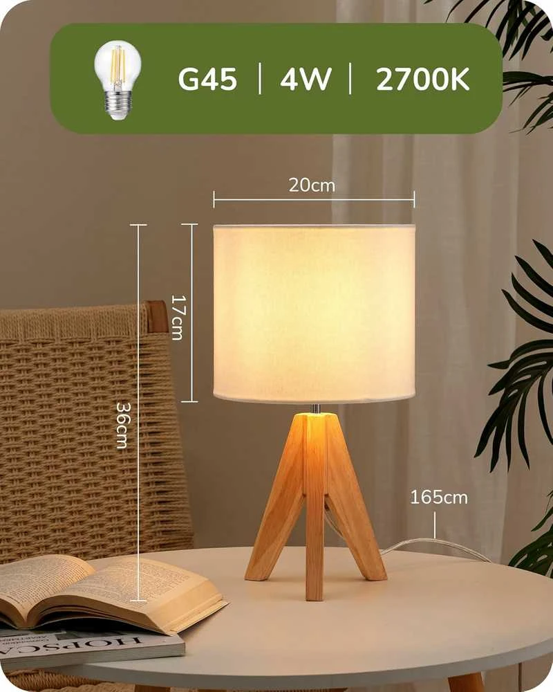 EDISHINE stalinės lempos rinkinys su LED 4 W, medinė bazė, lininiu gaubtu, E27, 2 vnt.