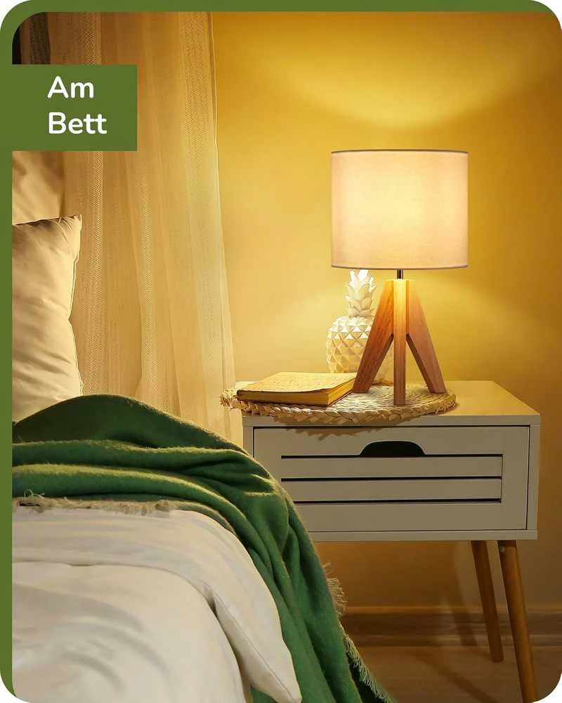 EDISHINE stalinis šviestuvas, E27 lizdas, medinis stovas, baltas lino gaubtas, 36 cm aukščio