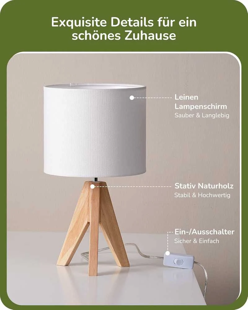 EDISHINE stalinis šviestuvas, E27 lizdas, medinis stovas, baltas lino gaubtas, 36 cm aukščio