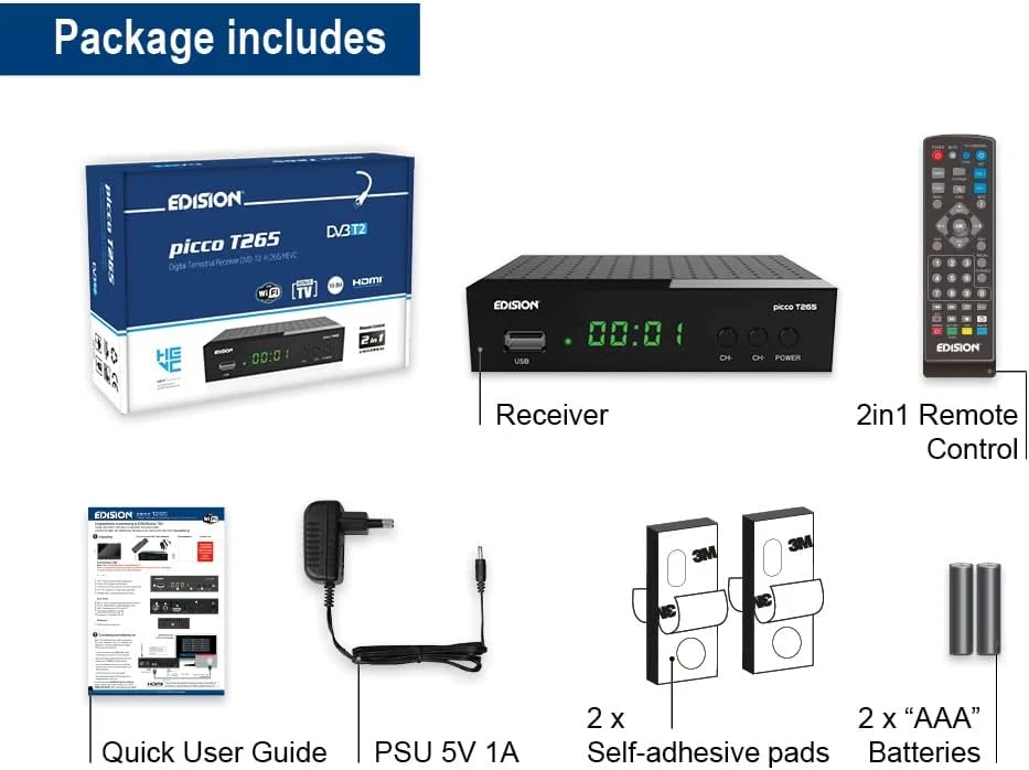 Edision DVB-T2 televizijos priedėlis PICCO T265, Full HD, USB, HDMI, SCART, H.265/HEVC