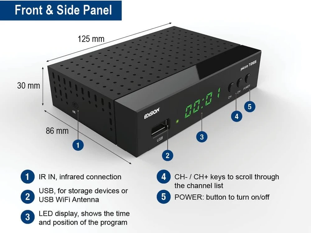 Edision DVB-T2 televizijos priedėlis PICCO T265, Full HD, USB, HDMI, SCART, H.265/HEVC