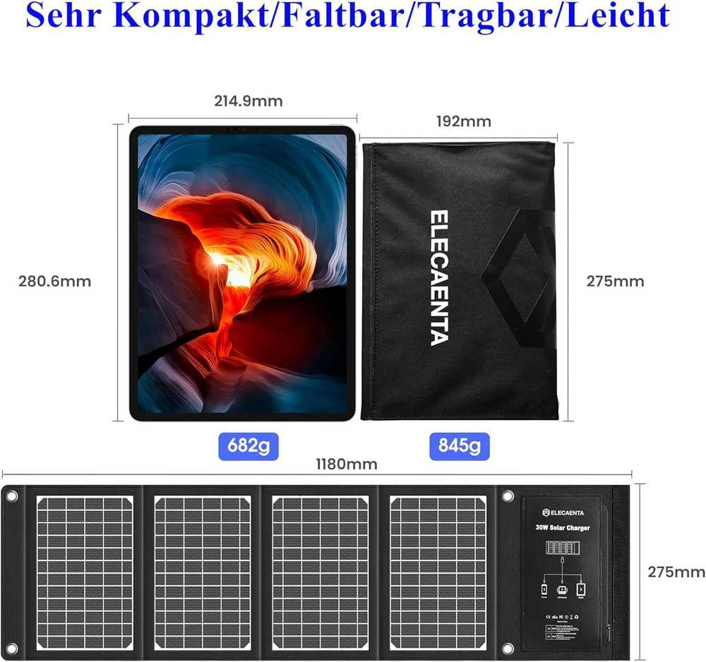 ELECAENTA nešiojama saulės baterija 30 W ETFE, USB-C, 3 jungtys, PD18 W, QC3.0, LSFC-30