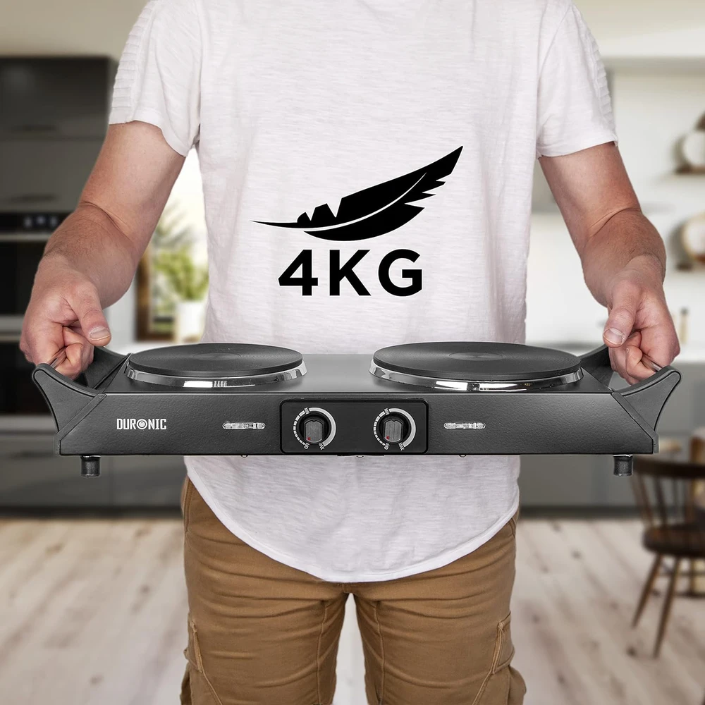 Elektrinė krosnelė Duronic dviguba elektrinė kaitlentė 2500 W, 20 ir 15 cm ketaus plokštės, reguliuojamas termostatas, HP2BK