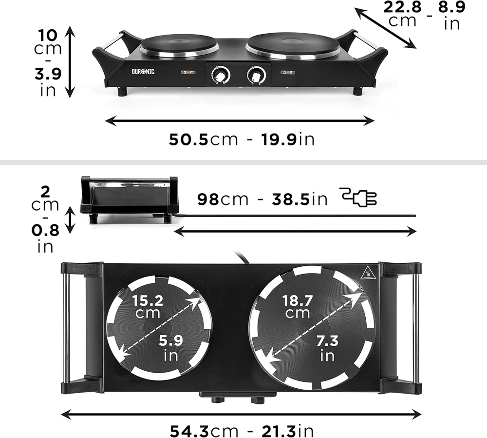 Elektrinė krosnelė Duronic dviguba elektrinė kaitlentė 2500 W, 20 ir 15 cm ketaus plokštės, reguliuojamas termostatas, HP2BK