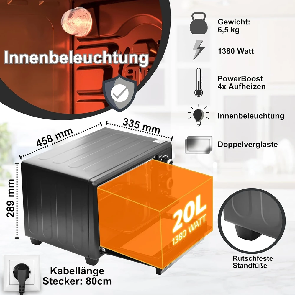 Elektrinė krosnelė OptimumX mini elektrinė orkaitė su konvekcija, 20 l, 1380 W, opt-20lt-juodas