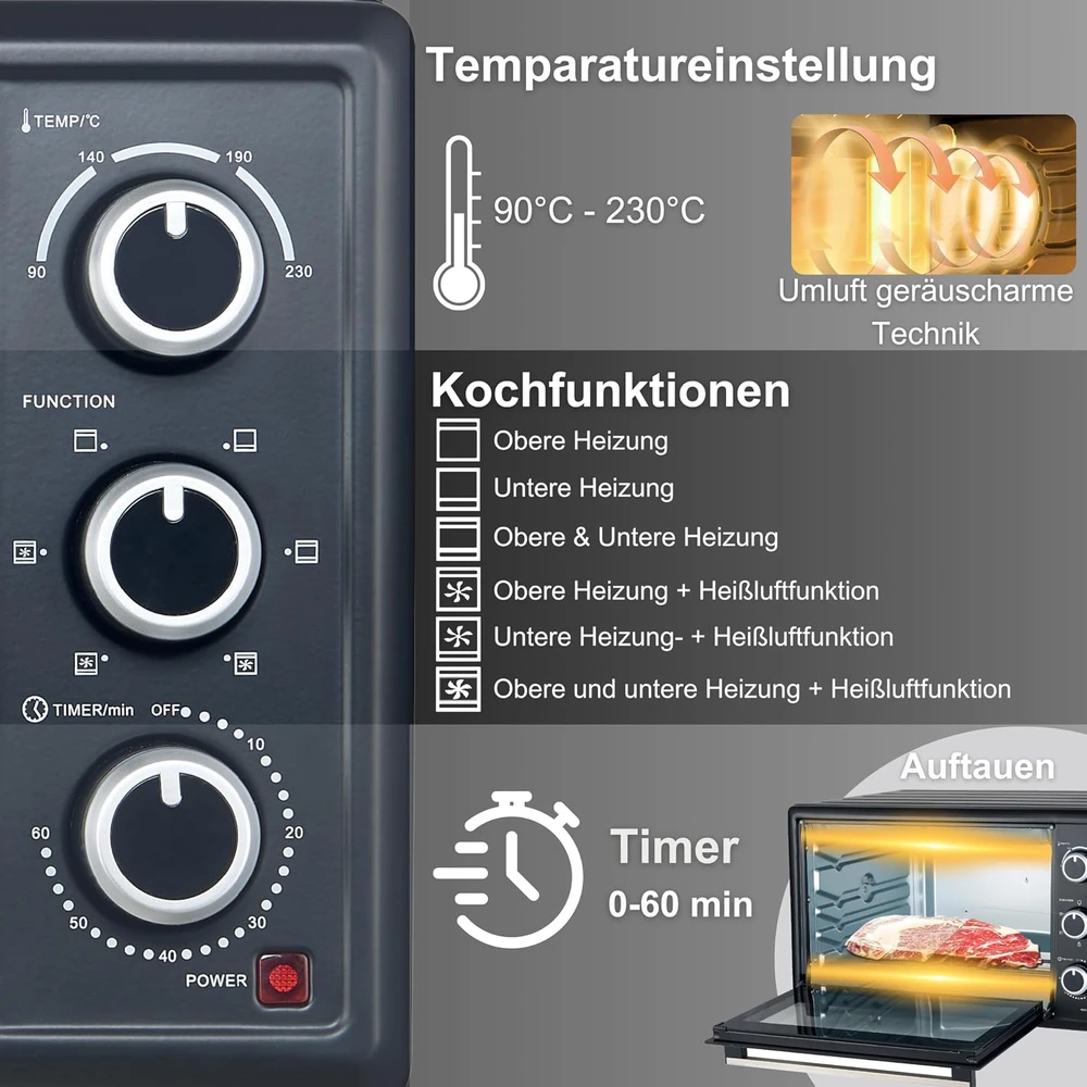 Elektrinė krosnelė OptimumX mini elektrinė orkaitė su konvekcija, 20 l, 1380 W, opt-20lt-juodas
