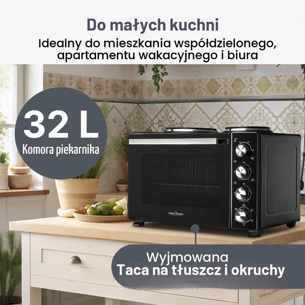 Elektrinė krosnelė Profi Cook ProfiCook mini orkaitė 32 l, 3200 W su konvekcija, iešmu ir kaitvietėmis PC-KK 1302