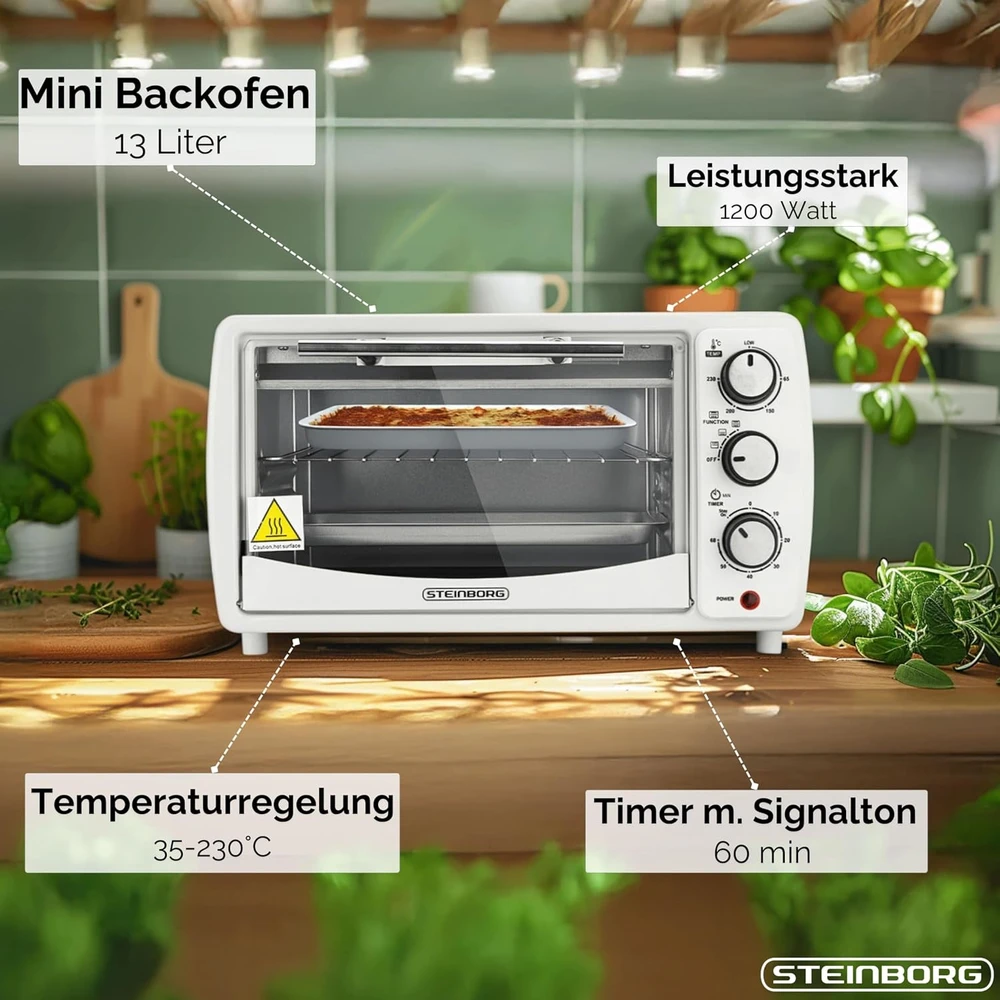 Elektrinė krosnelė Steinborg mini orkaitė 13 l, 1200 W, 65–230 °C, 60 min. laikmatis, 3005