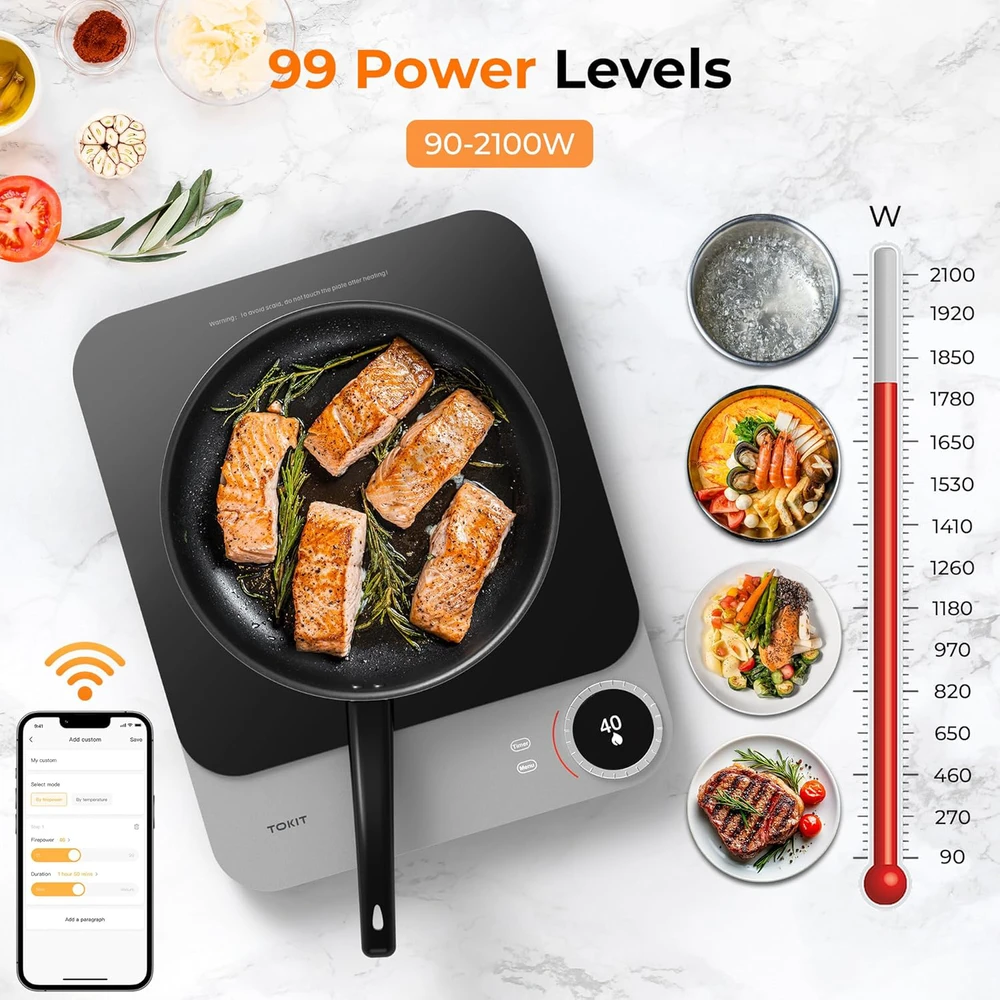 Elektrinė krosnelė TOKIT nešiojama indukcinė viryklė, 2100 W, 99 temperatūros lygiai, juoda, TCL02M-3A