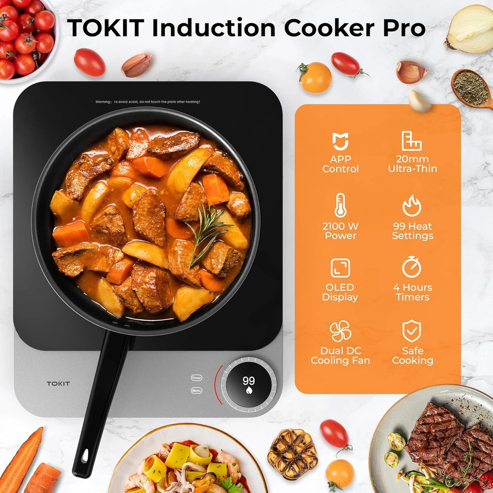 Elektrinė krosnelė TOKIT nešiojama indukcinė viryklė, 2100 W, 99 temperatūros lygiai, juoda, TCL02M-3A