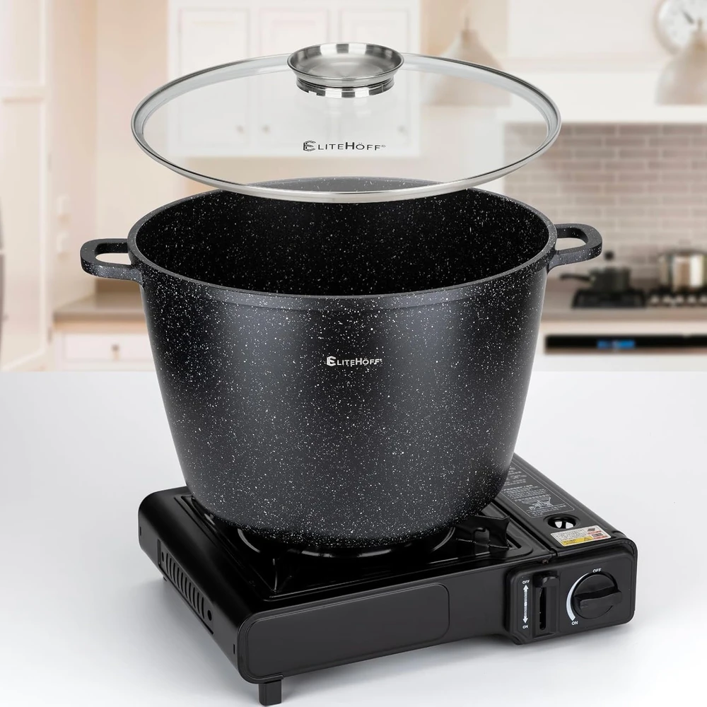 EliteHoff marmurinis aliuminis puodas su dangčiu, 15 l, 32 cm, indukcijai, juodas