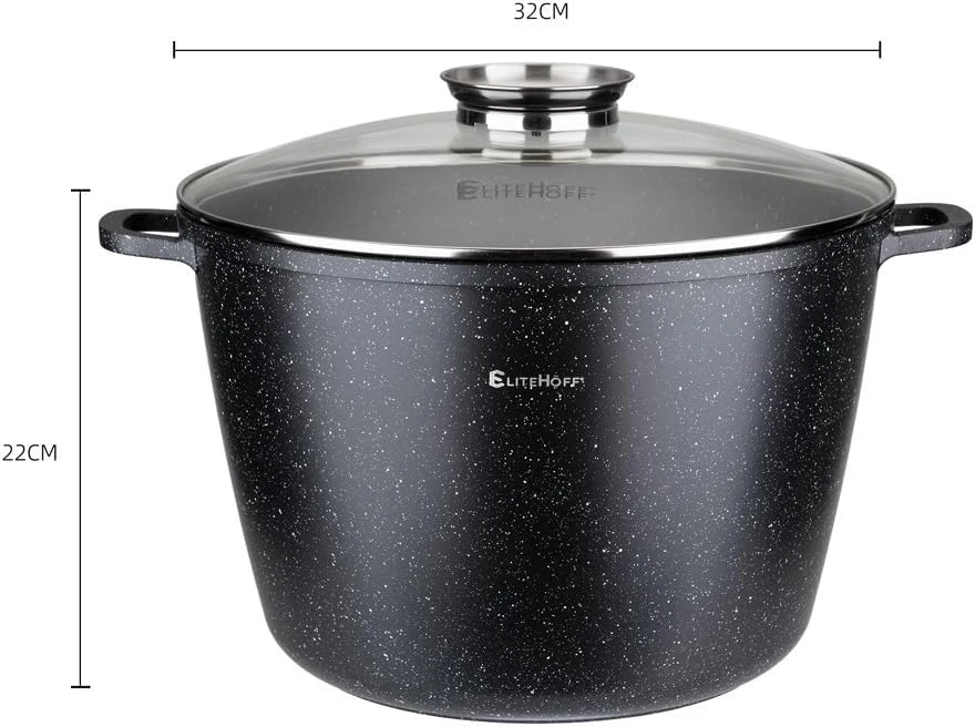 EliteHoff marmurinis aliuminis puodas su dangčiu, 15 l, 32 cm, indukcijai, juodas