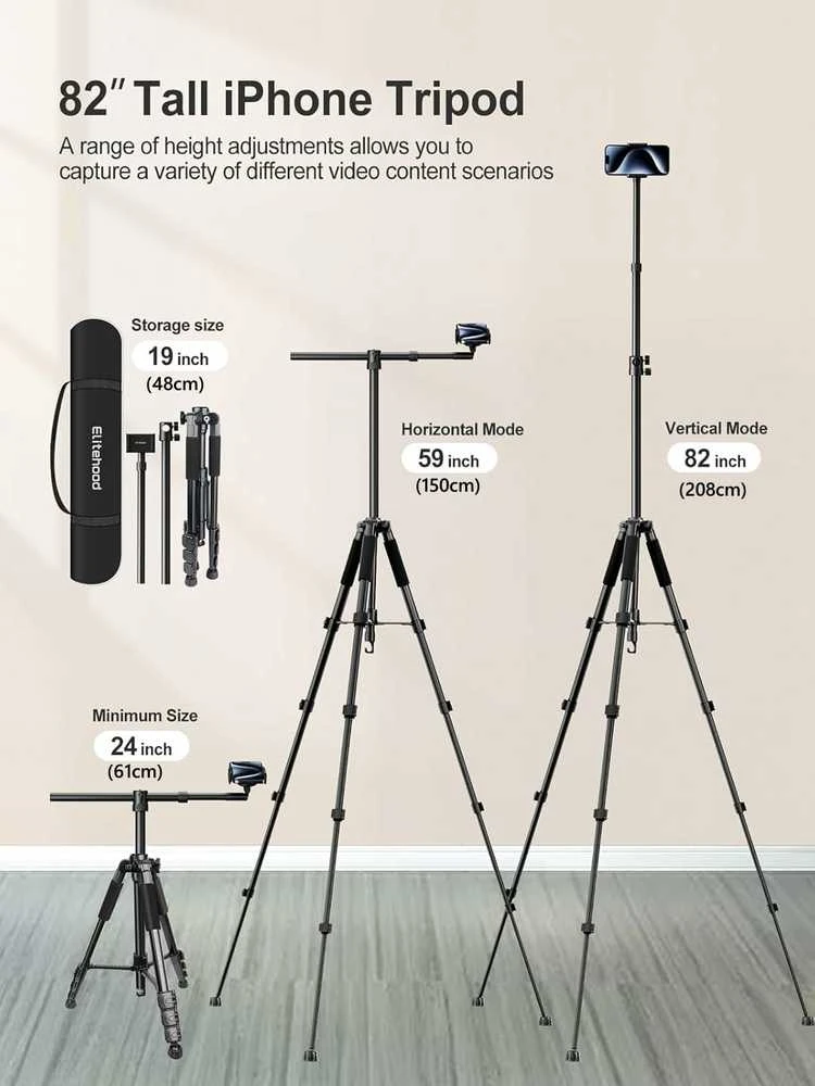 Elitehood reguliuojamas telefonų statyvas su 150 cm aukščio ir 64 cm ištraukiamu horizontaliu svirtimi, 360° pasukama galvute, juodas