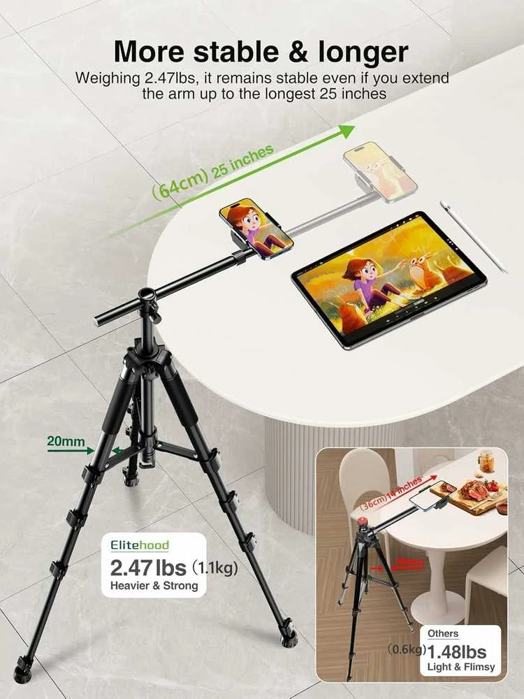 Elitehood reguliuojamas telefonų statyvas su 150 cm aukščio ir 64 cm ištraukiamu horizontaliu svirtimi, 360° pasukama galvute, juodas