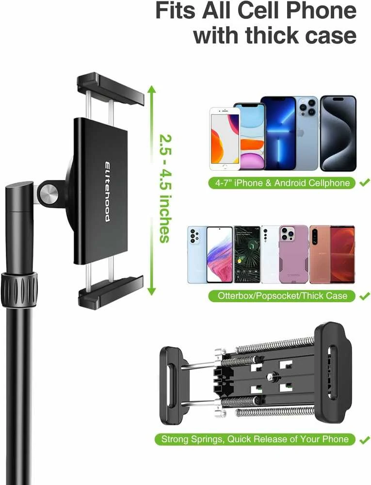 Elitehood reguliuojamas telefonų statyvas su 150 cm aukščio ir 64 cm ištraukiamu horizontaliu svirtimi, 360° pasukama galvute, juodas