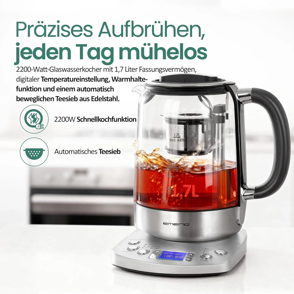 Emerio automatinis stiklinis arbatos virdulys 1,7 l, 2200 W WK-122248
