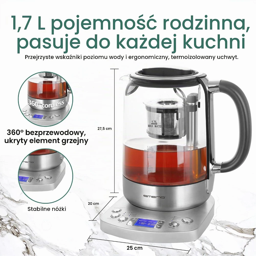 Emerio automatinis stiklinis arbatos virdulys 1,7 l, 2200 W WK-122248