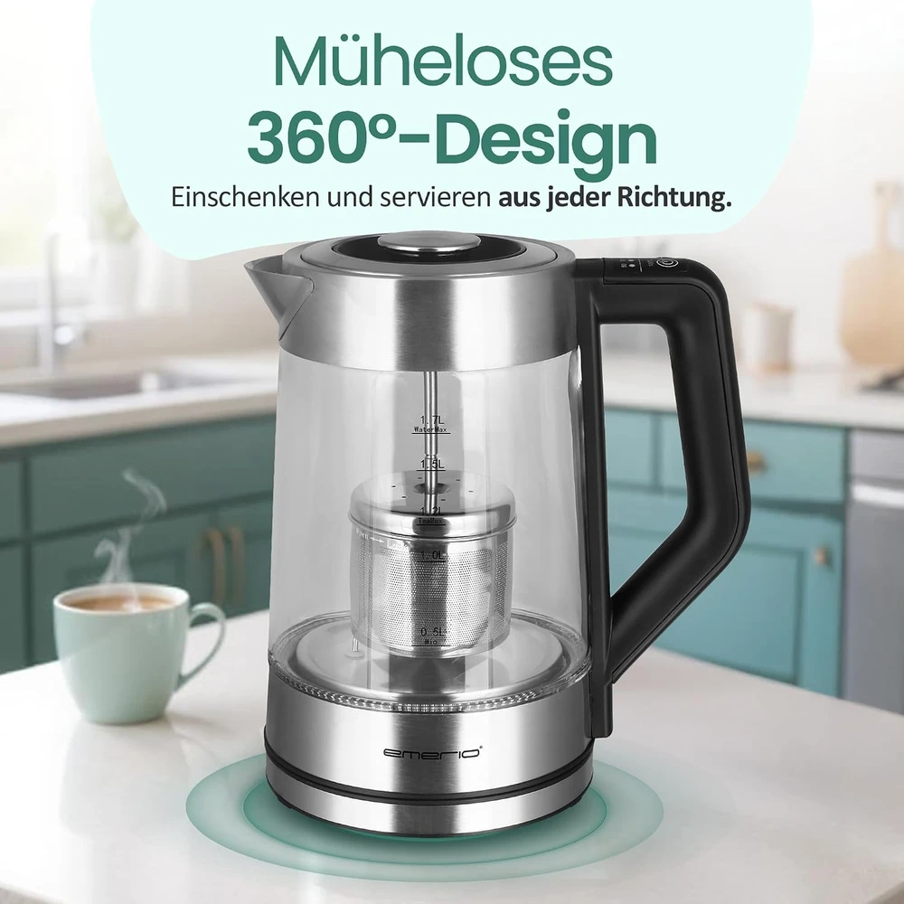 Emerio WK-122730 elektrinis virdulys 1,7 L 2200 W Juoda, Sidabras, Permatomas