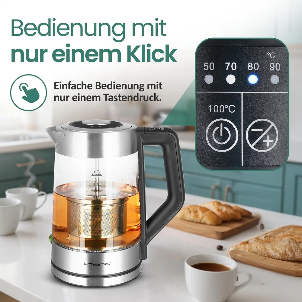 Emerio WK-122730 elektrinis virdulys 1,7 L 2200 W Juoda, Sidabras, Permatomas
