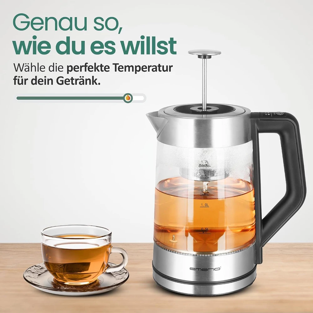 Emerio WK-122730 elektrinis virdulys 1,7 L 2200 W Juoda, Sidabras, Permatomas