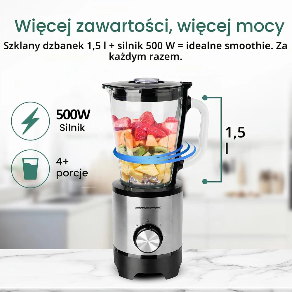 Emerio kokteilinė su stikliniu 1,5 l indu, 500 W, ledo smulkinimo funkcija BL-130988