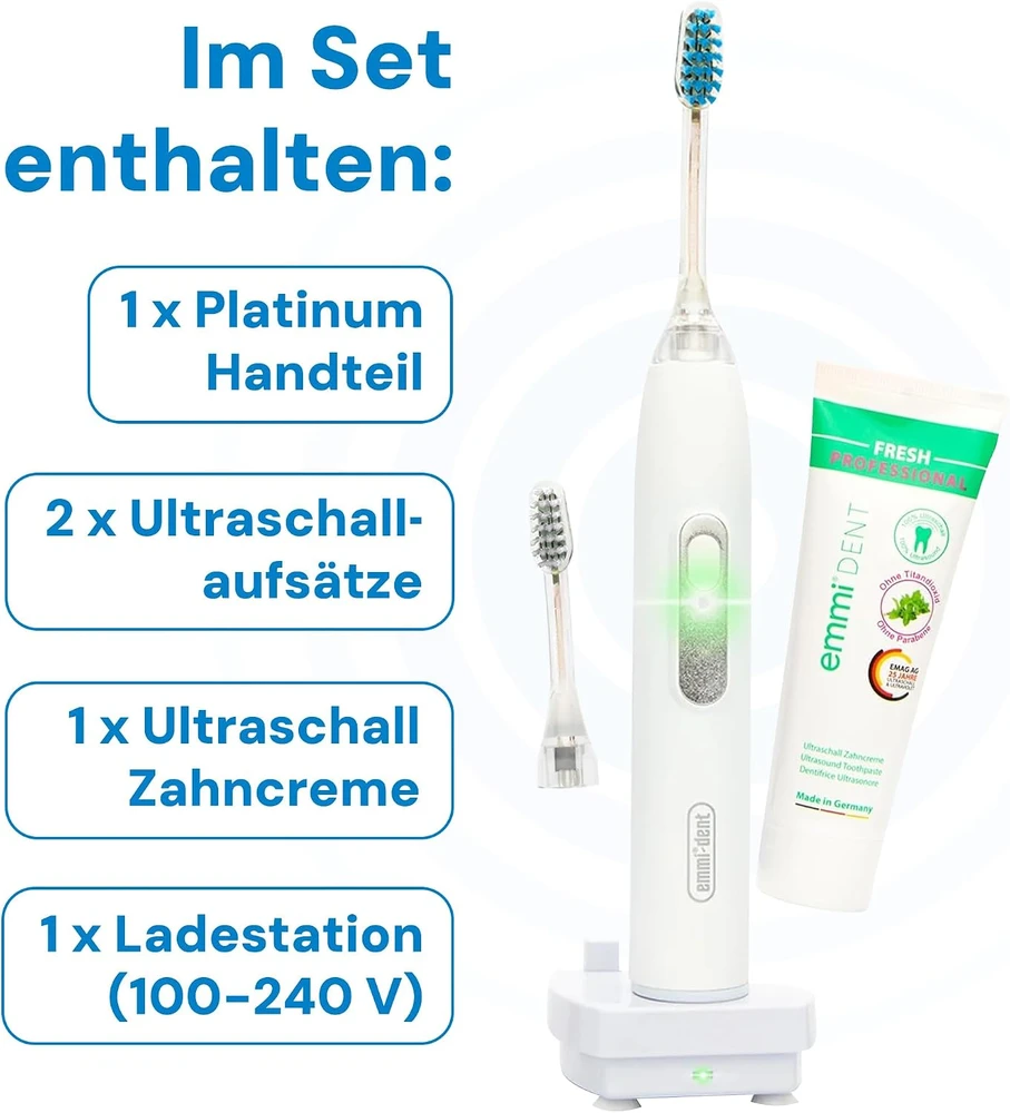 Emmi-dent ultragarsinis dantų šepetėlis Metallic Baltas su įkrovimo stotele 60020178