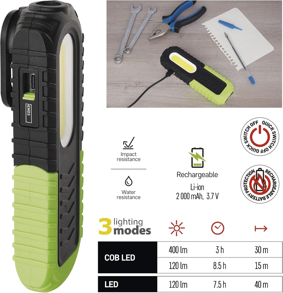 EMOS įkraunama LED darbo lempa 400 lm, IP43, 2000 mAh, P4531