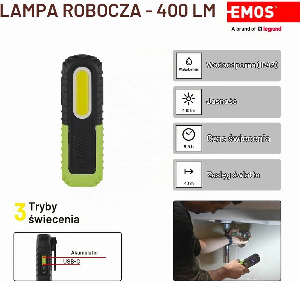 EMOS įkraunama LED darbo lempa 400 lm, IP43, 2000 mAh, P4531