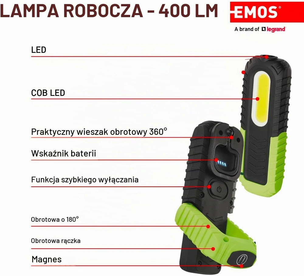 EMOS įkraunama LED darbo lempa 400 lm, IP43, 2000 mAh, P4531
