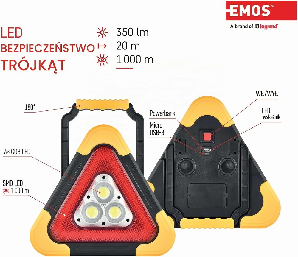 EMOS įkraunamas LED avarinis įspėjamasis trikampis su išorinio akumuliatoriaus funkcija, 350 lm, P4010