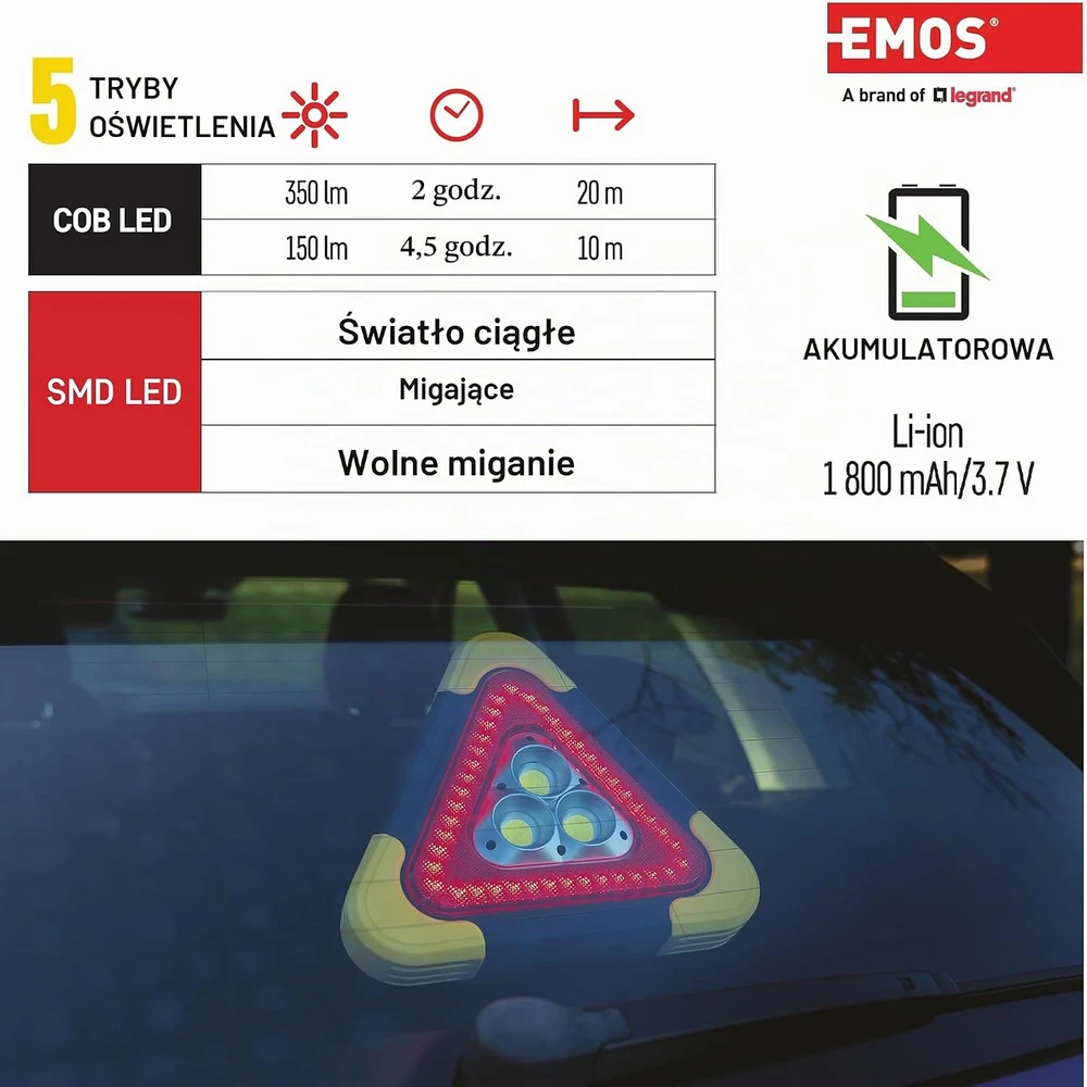 EMOS įkraunamas LED avarinis įspėjamasis trikampis su išorinio akumuliatoriaus funkcija, 350 lm, P4010