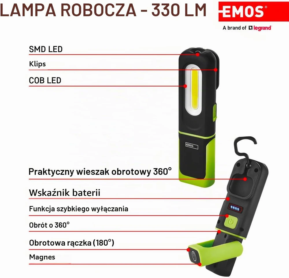EMOS LED darbo lempa 330 lm, įkraunama, 1200 mAh, 3 švietimo režimai, P4537