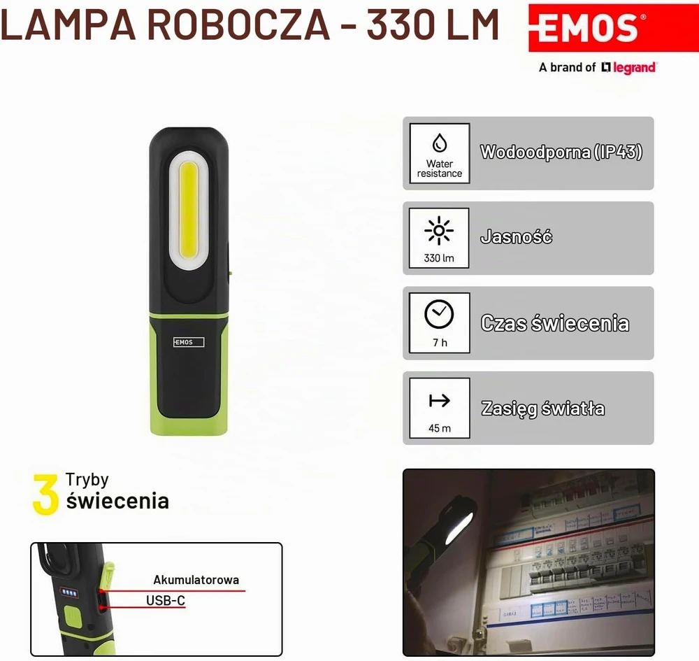 EMOS LED darbo lempa 330 lm, įkraunama, 1200 mAh, 3 švietimo režimai, P4537