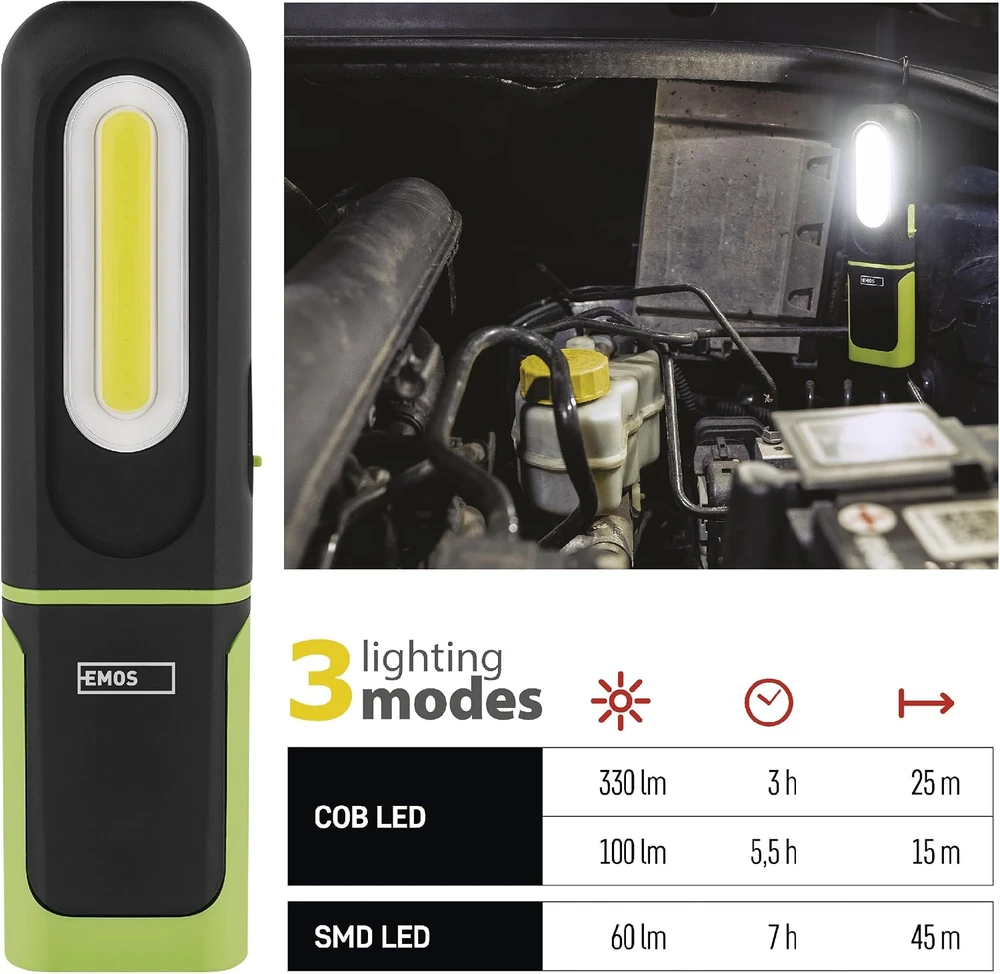 EMOS LED darbo lempa 330 lm, įkraunama, 1200 mAh, 3 švietimo režimai, P4537