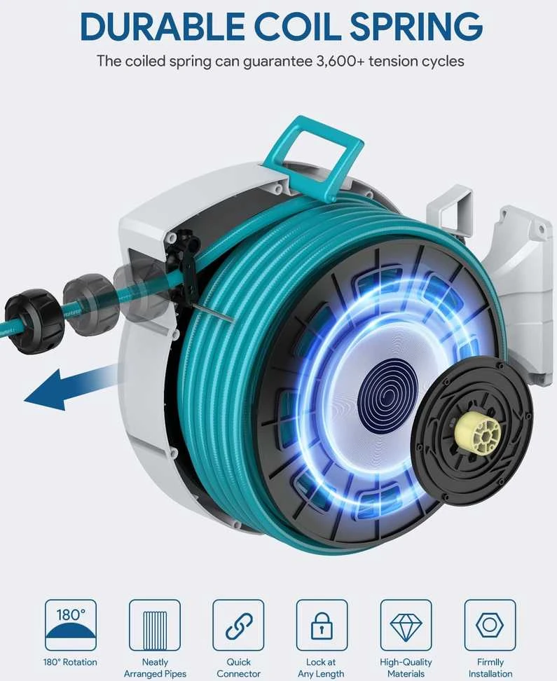 ENEACRO automatinė sieninė laistymo žarnos ritė, 30 m, 180° sukimas, 10 funkcijų purkštukas, ZYW001-S30