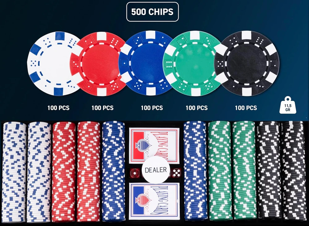 Engelhart pokerio rinkinys metalinėje dėžėje 500 vnt. 11,5 g žetonų kortos kauliukai 320915