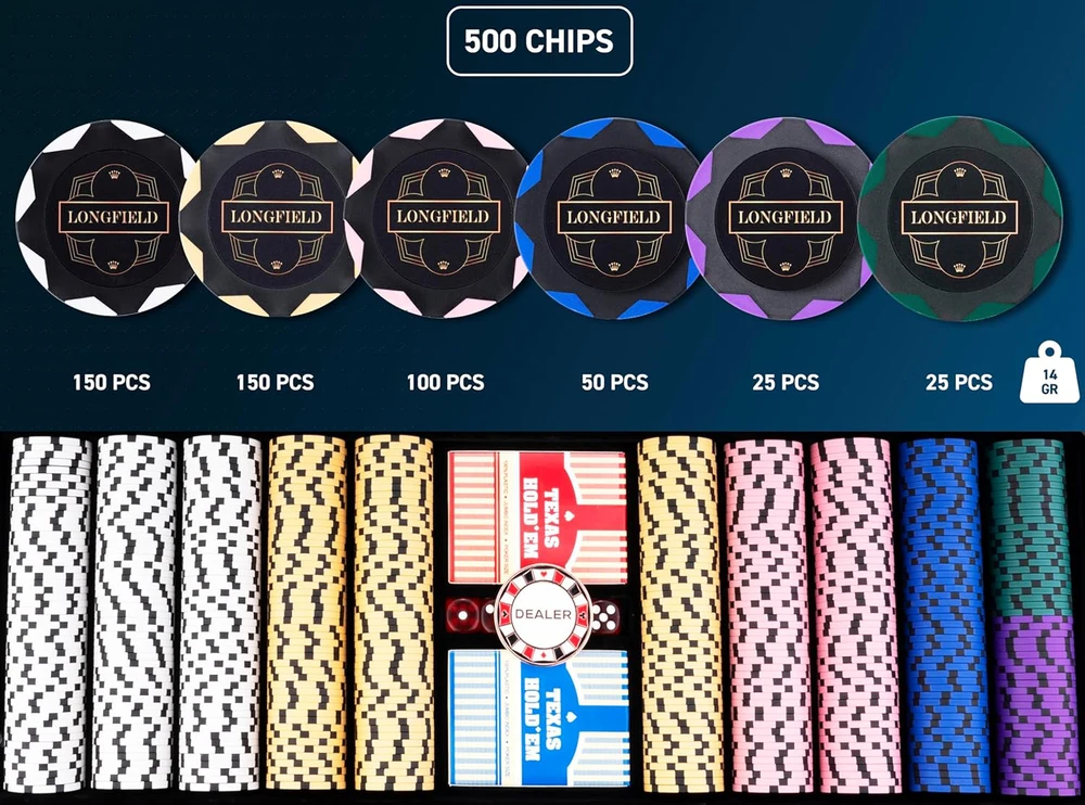 Engelhart pokerio rinkinys su 500 žetonų, 14 g, dviem kaladėmis ir juodu lagaminu, 320960