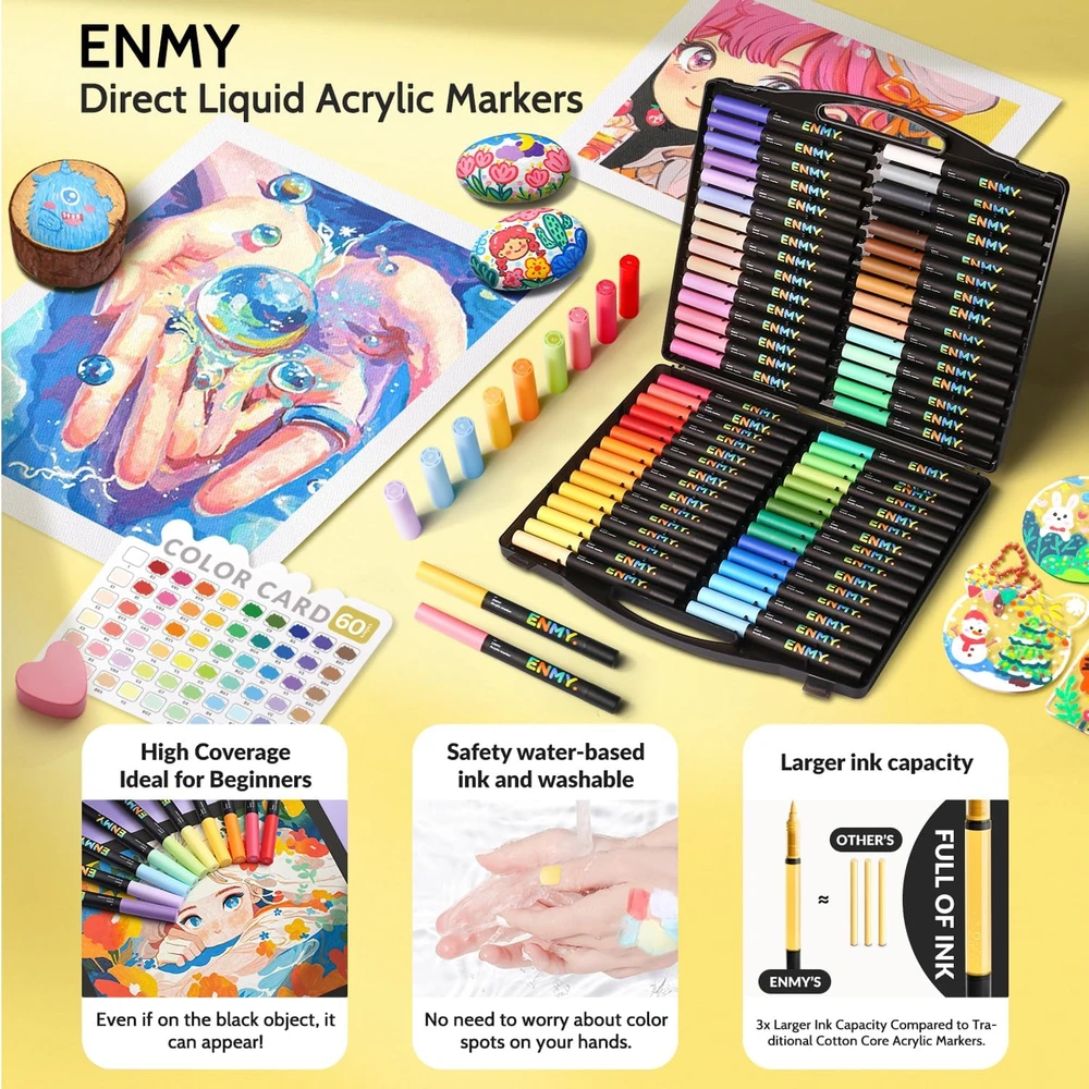 ENMY akrilinių žymeklių rinkinys, 80 spalvų, teptuko antgalis, ENMYXXHes01-80