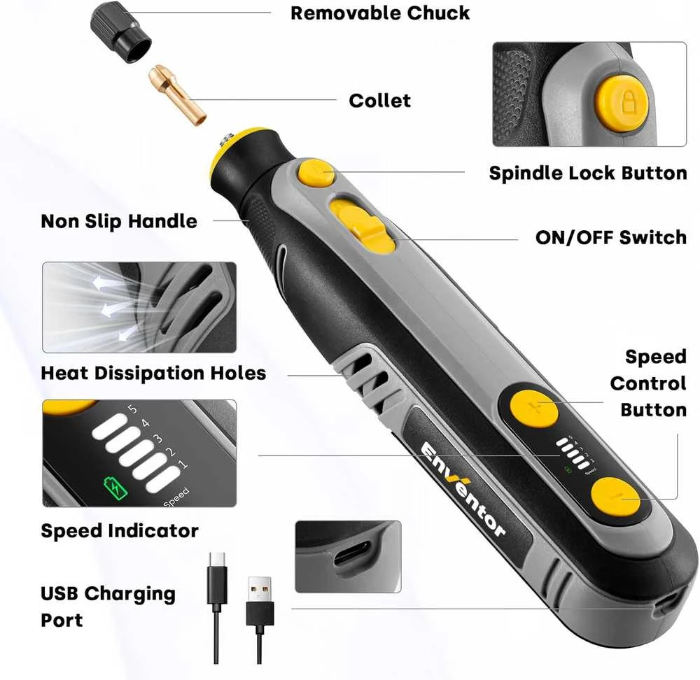 Enventor akumuliatorinis daugiafunkcis mini suktuvas 8 V, 5 greičiai, 30000 aps./min., USB įkrovimas, Q0M-DC-8M