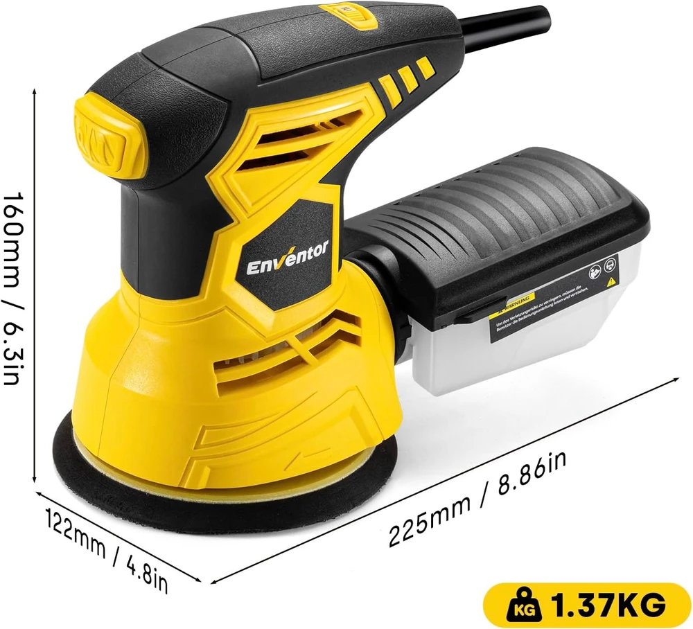Enventor elektrinė orbitinė šlifuoklė 300 W, 6 greičių, 125 mm, rinkinys su 16 švitrinio popieriaus lapų, AJ3