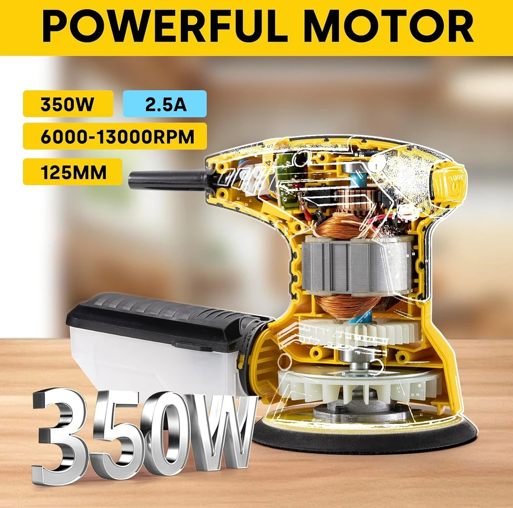 Enventor elektrinė orbitinė šlifuoklė 300 W, 6 greičių, 125 mm, rinkinys su 16 švitrinio popieriaus lapų, AJ3