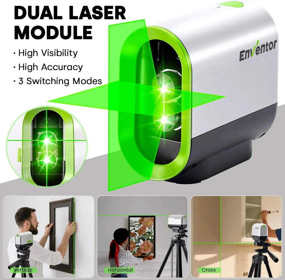 Enventor kryžminis žalias lazerinis nivelyras 25 m, IP54, 01-Vert-chargement Usb