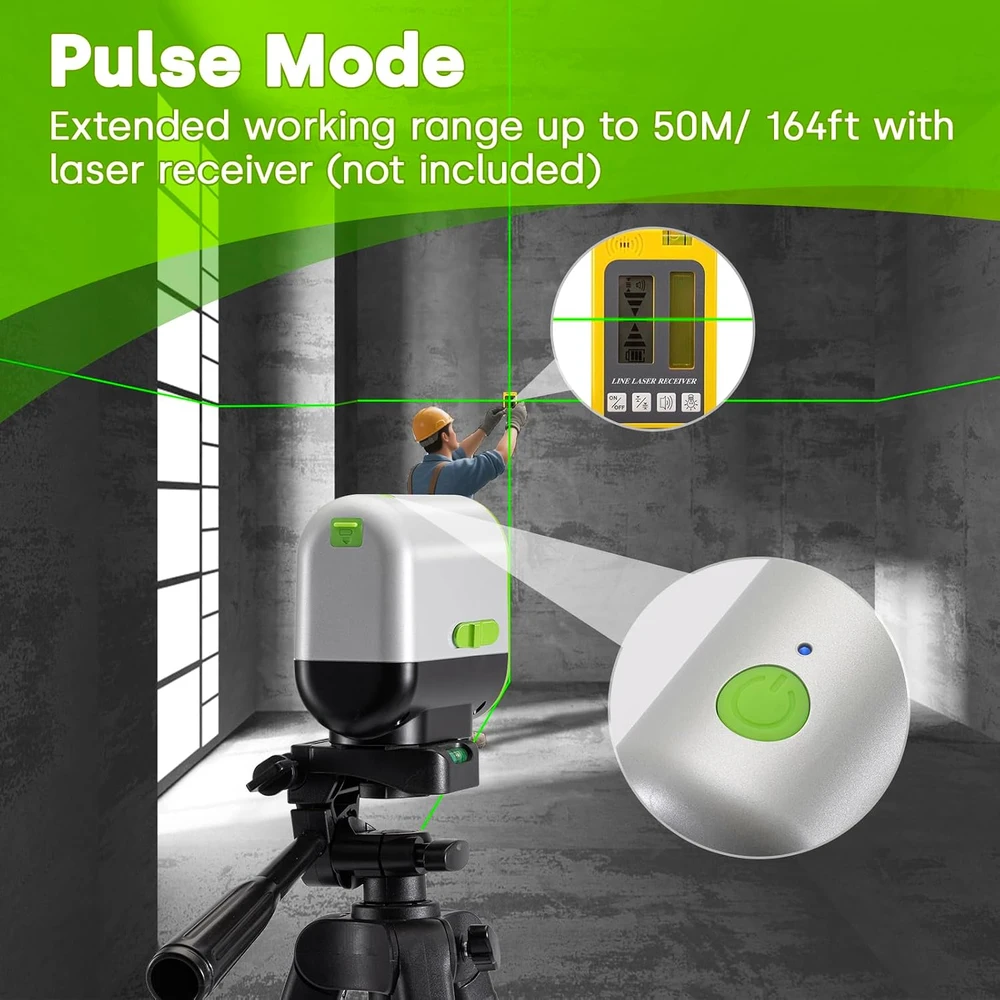 Enventor kryžminis žalias lazerinis nivelyras 25 m, IP54, 01-Vert-chargement Usb