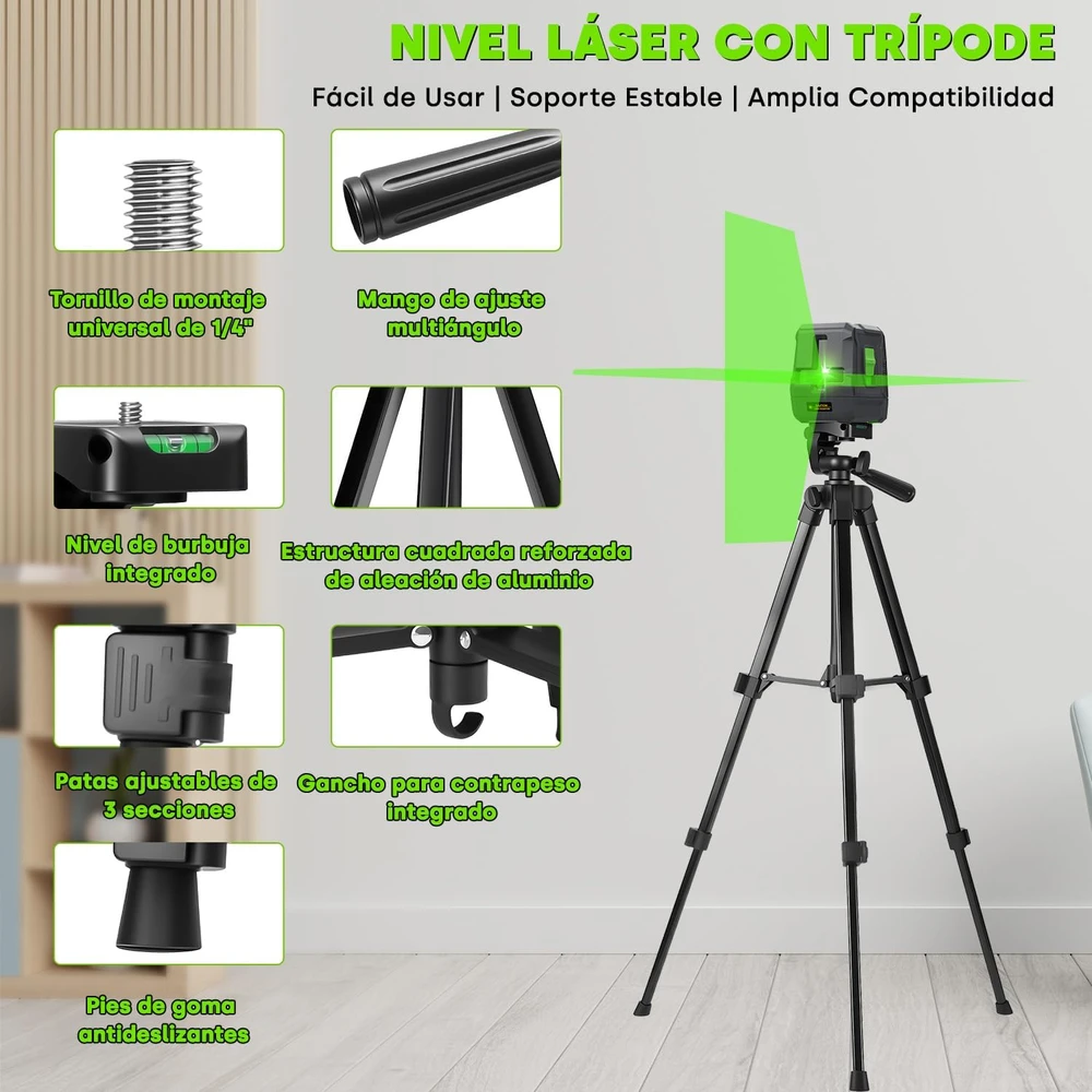 Enventor lazerinis nivelyras su trikoju, žalias spindulys, 25 m, 2 linijos, EN011G+