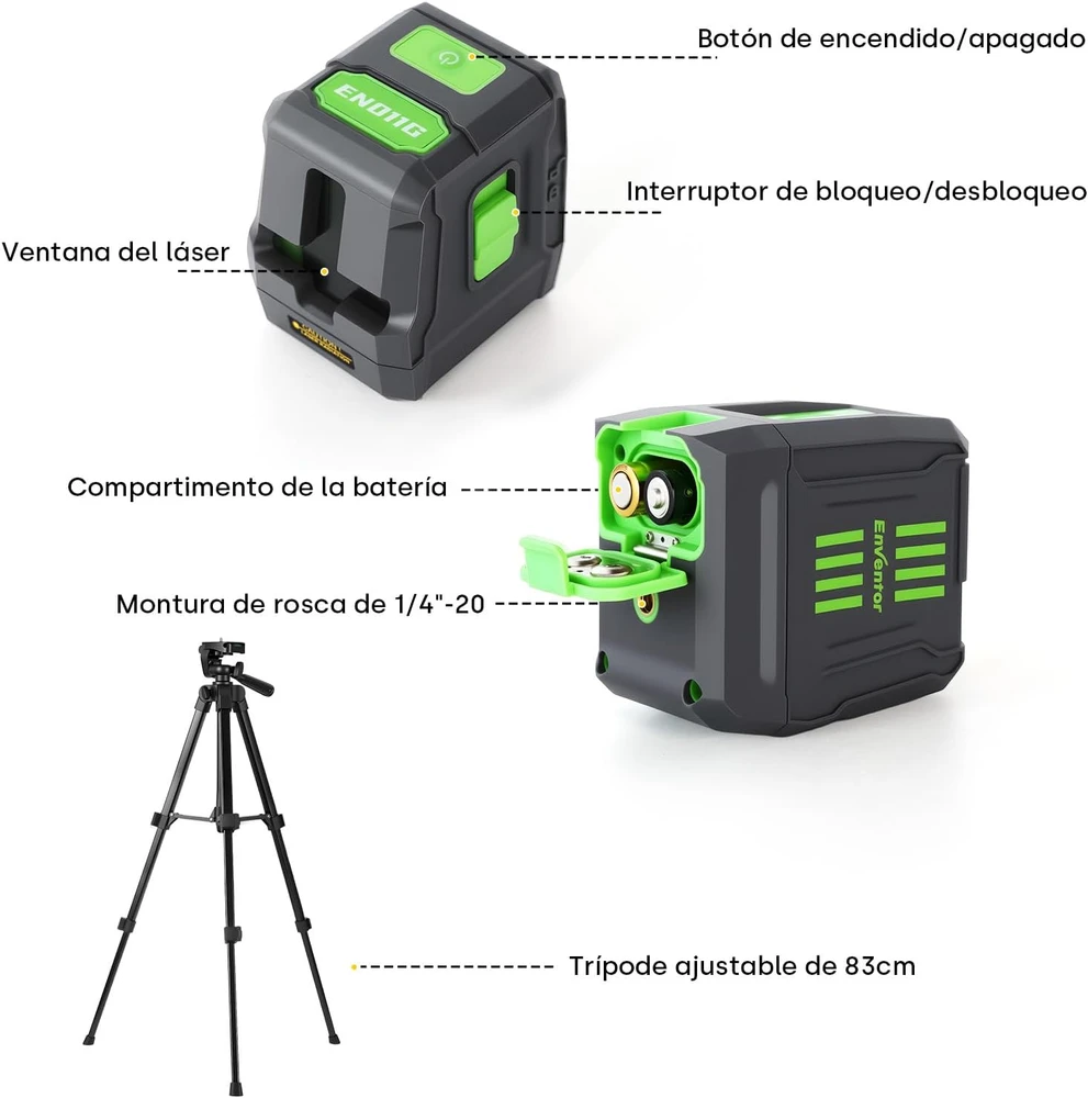 Enventor lazerinis nivelyras su trikoju, žalias spindulys, 25 m, 2 linijos, EN011G+
