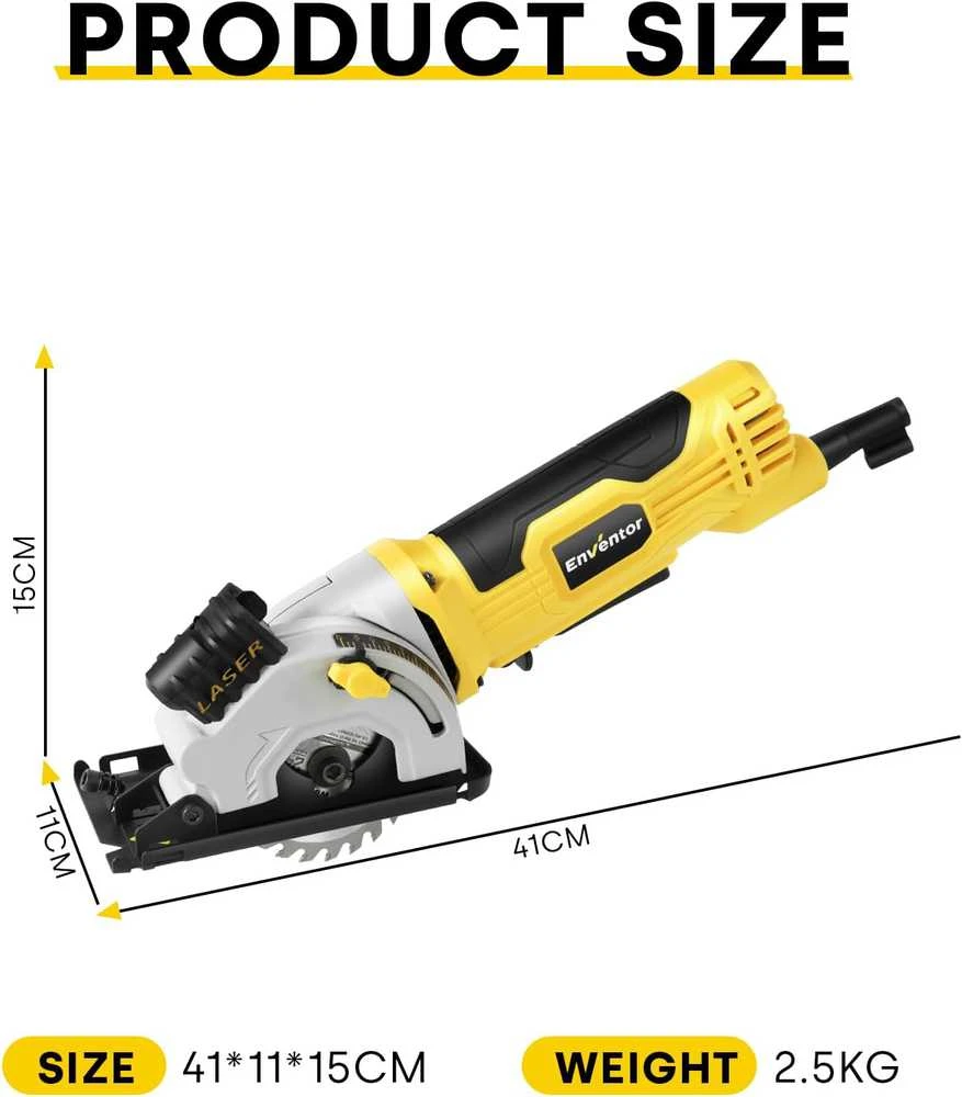 Enventor mini diskinis pjūklas 580 W su lazerine linija, reguliuojamu pjovimo gyliu ir 3 diskais, modelis 76601 l-1