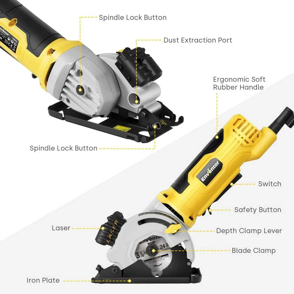Enventor mini diskinis pjūklas 580 W su lazerine linija, reguliuojamu pjovimo gyliu ir 3 diskais, modelis 76601 l-1
