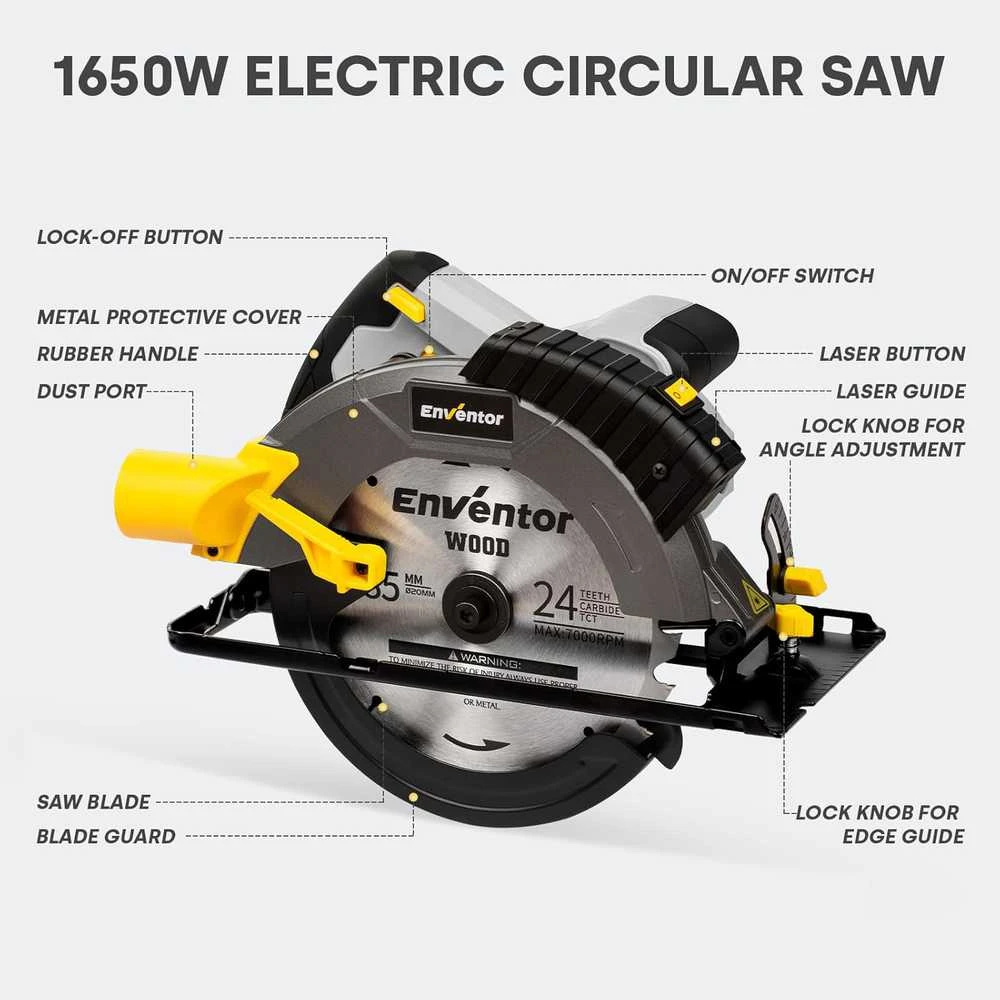 Enventor rankinis diskinis pjūklas 1650 W, 5500 aps./min.., lazerinis vedlys, 185 mm diskas, pjovimas iki 62 mm, 76339